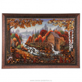 Картина янтарная "Осень. Водяная мельница" 48х68 см, фотография 0. Интернет-магазин ЛАВКА ПОДАРКОВ