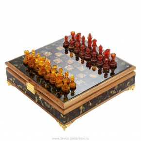 Шахматный ларец с инкрустацией и фигурами из янтаря, фотография 0. Интернет-магазин ЛАВКА ПОДАРКОВ