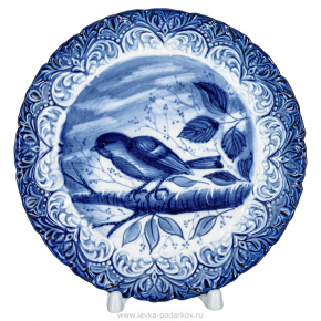 Декоративная тарелка "Птичка синичка". Гжель, фотография 0. Интернет-магазин ЛАВКА ПОДАРКОВ