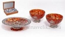 16072-С Янтарь чайный набор "Восточная сказка" 3 пр. в ПУ Серебро 875* 