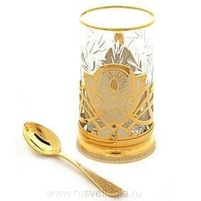 22928 Златоуст ПОДСТАКАННИК"Резной"со стаканом и ложкой,Латунь,позолота,Хрусталь в П/У(664)
