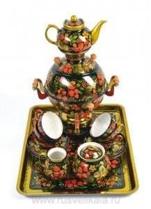 -3л-Срв-желудь  Хохлома Набор для чаепития "Хохлома"с Самоваром 3л., на 6 персон