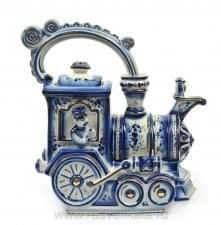 0012148 Гжель  ЧАЙНИК "Паровоз" большой  в золоте