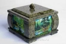 8280/П Нат.камень ШКАТУЛКА "Пейзажи" 12,6х11 Змеевик (2088)