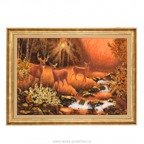 Картина янтарная "Олени в лесу" 60х40 см, фотография 0. Интернет-магазин ЛАВКА ПОДАРКОВ