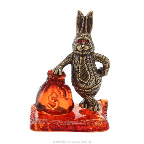 Бронзовая статуэтка с янтарем "Кролик с мешком денег", фотография 0. Интернет-магазин ЛАВКА ПОДАРКОВ
