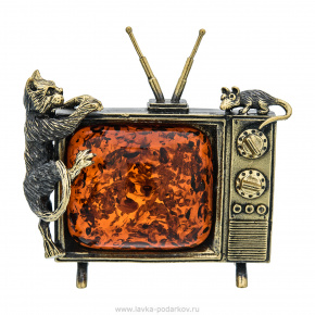 Статуэтка с янтарем "Кот и мышка на телевизоре", фотография 0. Интернет-магазин ЛАВКА ПОДАРКОВ