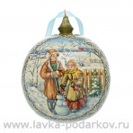 Новогодний елочный шар с росписью "Дети лепят снеговика"