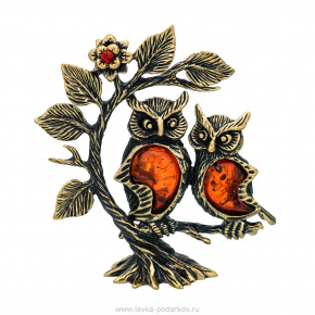 Статуэтка с янтарем "Совушки подружки на дереве", фотография 0. Интернет-магазин ЛАВКА ПОДАРКОВ