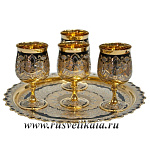 203584 Златоуст Питейный НАБОР ЦАРСКИЙ:6 бокал на подносе, позолота,подст под бутылку в П/У
