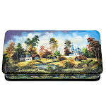 0074177 ШКАТУЛКА с художественной росписью Деревенский пейзаж. Лето  перламутр 18*9*4 см