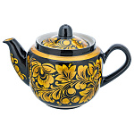 0090331  ХОХЛОМА чайник Золотая"КУДРИНА" черный  фон  (форма 9) 0,5л