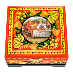 100457  12*11,5 Хохлома Шкатулка "ИГРАЙ ГАРМОНЬ.КЛУБНИКА" Р18