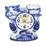 0063453 Гжель Часы настольные "КОТ ПЕЧКА" 14*13см Авт.Черновы Л.и В