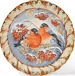 /26см Гжель Тарелка "Снегири" в цвете и золоте 26см Авт. Алехин С.С. 