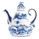 0018835/большой Гжель Чайник БОЛЬШОЙ"Деревенька" Авт. Исаев С.В.