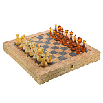 300261-Шахматный ларец Карельская Березв с Янтарными Фигурами 45*45 см (светлый)