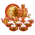 0069589 Самовар эл. 3л  Желудь с Сервизом  на 6 перс. Хохлома "КУДРИНА ЗОЛОТАЯ " на кр поднос круг