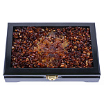 0080855 Янтарь ДОМИНО "Герб" (светл крошка,коньч герб,темн фишки) 21*13,5*4,5см