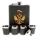 00168143 НАБОР ПОДАРОЧНЫЙ МУЖСКОЙ "ГЕРБ РФ" ФЛЯГА+4 СТОПКИ+ВОРОНКА(сер)