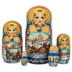 201558 Матрешка "ТРОЙКА. ЗИМА", син платок, 5 мест 18 см 