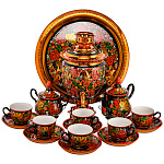 12155- Самовар эл. 3л  Желудь с Сервизом  на 6 перс. Хохлома "РЯБИНА/малина" 16пр