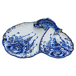 0076148 Гжель МЕНАЖНИЦА "РЫБКА на раковинах" 2 секции в золоте 26,5*20*5см