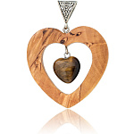 0061585 Нат.дерево Кулон "ДВА СЕРДЦА" , карельская береза, тигровый глаз