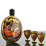 0023065/АСС  Хохлома Подарочный набор "ОДИНОКИЙ ВОЛК":Фляга (сюжет) +3 рюмки 7*5см