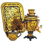 0078231 Самовар Тульский электрический "КУДРИНА ЗОЛОТАЯ" на черн с зелен 3л, прамоуг под