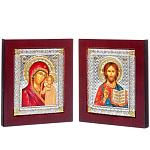 0052405/11*13см/5022360215 Икона Венч/пара " Казанская/Спаситель"шелкогр/позолота/серебр