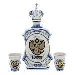 0069560 Гжель НАБОР Штоф + стопки 2 шт"Россия. Орел" мет.знак, винт. в золоте (П/У)