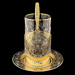  Златоуст ПОДСТАКАННИК "ГЕРБ РФ"с ложкой +блюдце,позолота в П/У