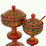 0020252/11*11см-ложка Хохлома ВАЗА ДЛЯ ВАРЕНЬЯ 11*11с ложкой малая в ассортименте