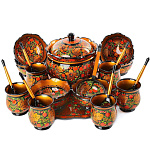 0036022/черный фон  Хохлома НАБОР ДЛЯ ПЕРВЫХ БЛЮД на 6 персон 21 предмет