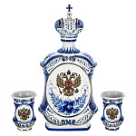 201413 Гжель НАБОР Штоф + стопки 2 шт"Россия. Орел" 1,5 л,. в золоте (П/У)наша компл
