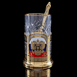 0066447 Златоуст Подстаканник "Герб" триколор РФ позолота, эмаль, с ложкой и стаканомSUV - 10189