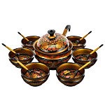 0027434/Ф/красный фон ХОХЛОМА Набор для ПЕРВЫХ БЛЮД 14 предметов 