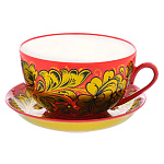 0021133/КУДРИНА НА КРАСНОМ Хохлома ЧАШКА+БЛЮДЦЕ ЧАЙНАЯ/БУЛЬОННАЯ 