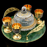 0052132/Ф Златоуст Набор  с икорницей (поднос+4стопки) Нефрит позолота