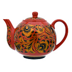 0021021 ХОХЛОМА чайник "Золотая кудрина" красный фон (форма 7) 1,0л