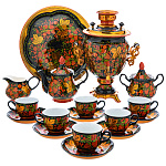 11493/Нб- Хохлома САМОВАР эллектрический 3л Желудь с сервизом  на 6 перс. "КЛУБНИКА" 17 пр.