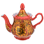 0070416  ХОХЛОМА чайник "Золотая кудрина" красный фон (форма 1) 0,5