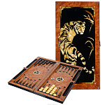 Деревянные нарды с янтарной инкрустацией "Крадущийся тигр" 60х30 см