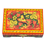 0073647-120*80мм Хохлома Шкатулка Р25 прямоугольная"ПТИЦА.КЛУБНИКА" красный фон