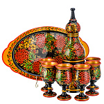 200367 Хохлома НАБОР для ШАМПАНСКОГО РЯБИНА на овал подносе: штоф+6 рюм