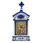 /17см Гжель ИКОНА В КИОТЕ "Св. Николай" МАЛАЯ настольная