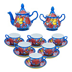 0078280 СЕРВИЗ чайный хохлома "РЯБИНА" на голубом, фарфор