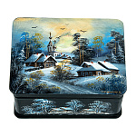 0076819 Шкатулка с художественнойт росписью ЗИМА В ДЕРЕВНЕ,перламутр 10*8*6 см