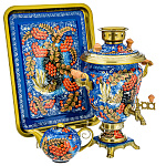 00155631-3л Самовар электрический желудь"ПТИЦА НА РЯБИНЕ"+ поднос и чайник